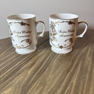 VTG Lefton China 04185 50th Golden Wedding Anniversary Footed Mugs Set 2 Japan